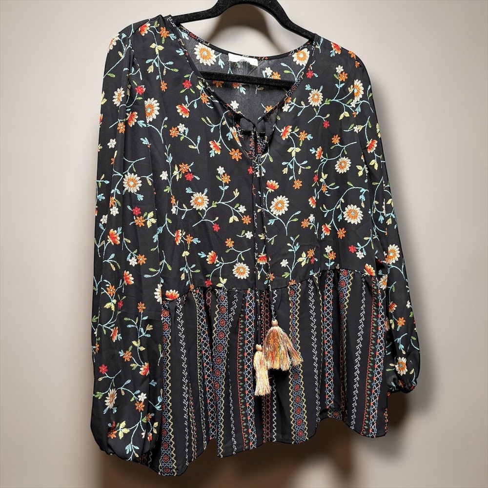 Chenault Womens Black Floral Mixed Print Boho Tassel Tie V-Neck Blouse Top L